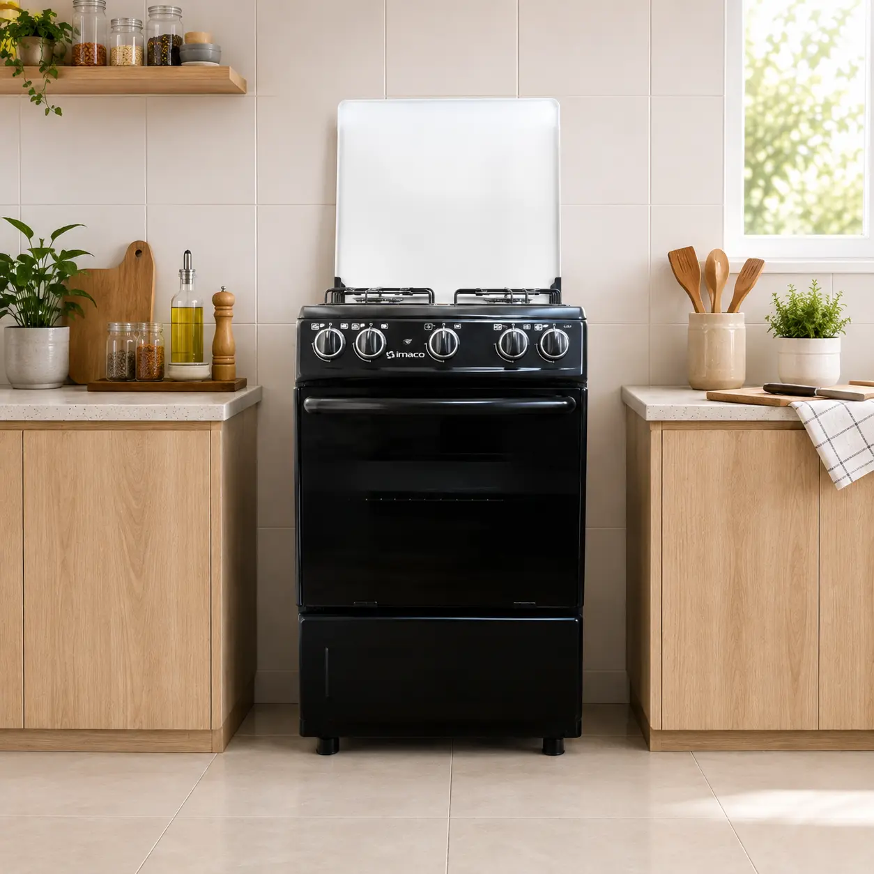 Cocina a gas de pie color negro con tapa de vidrio en un ambiente de cocina luminoso
